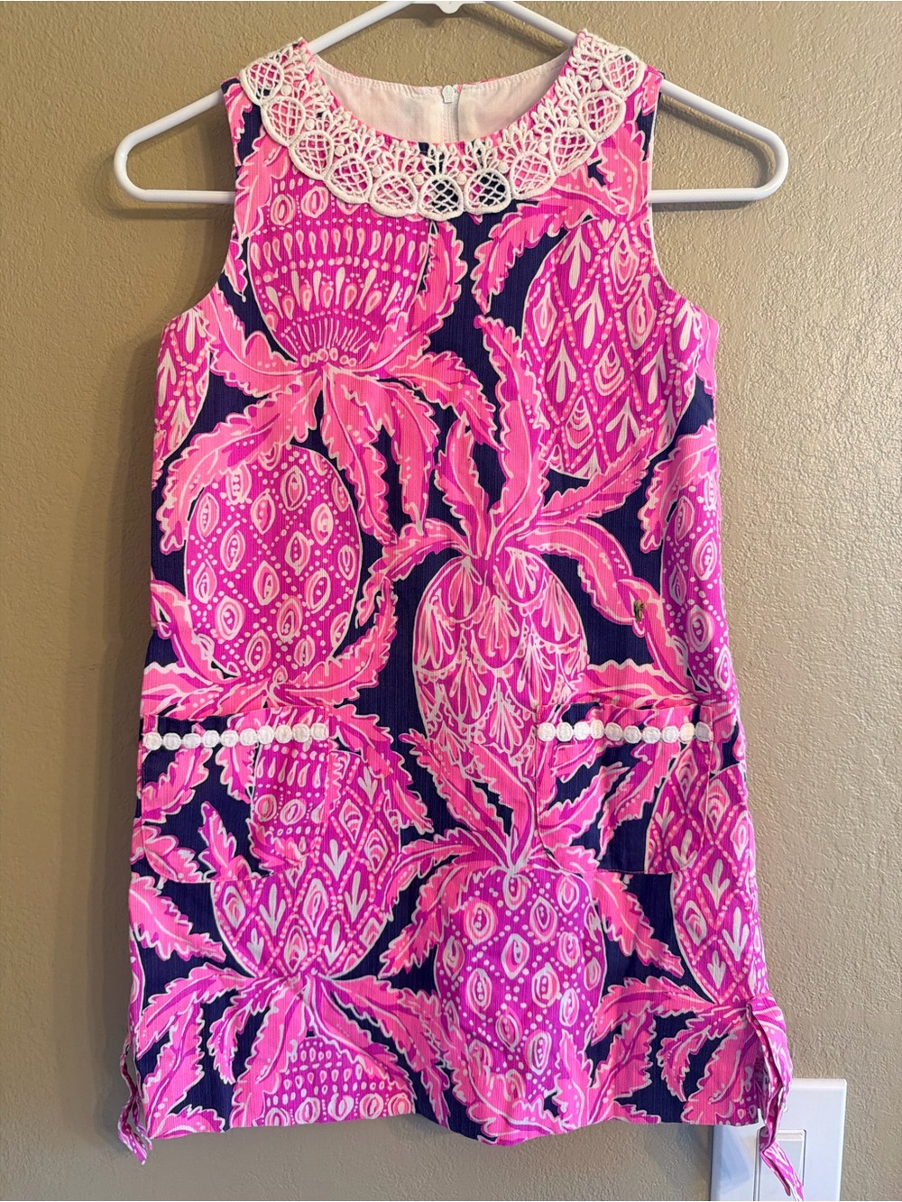 Lilly Pulitzer Girls Pink Pineapple Print Lace Collar Dress